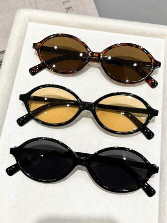 3 piezas Gafas de mujer de diseño popular con marco ovalado de plástico multicolor estampado de leopardo para atuendos de fin de semana, vacaciones, fotografía callejera, fiesta de despedida de soltera, accesorios de moda