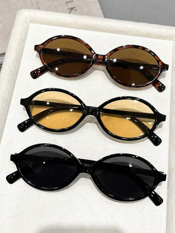 3 piezas Gafas de mujer de diseño popular con marco ovalado de plástico multicolor estampado de leopardo para atuendos de fin de semana, vacaciones, fotografía callejera, fiesta de despedida de soltera, accesorios de moda