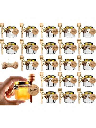20 paquetes de mini tarros de miel de 1.5 Oz/45 ml, tarros de vidrio hexagonales con tapas doradas, colgantes de abeja dorados, arpillera decorativa, recuerdos de boda, despedida de soltera, regalos para baby shower