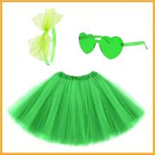 3pcs 80s Single Party Solid Neon Green, Pink Lace Bow Headband, 40cm Tulle Skirt, Heart Shaped Glasses Costume Set, Fun Cosplay Party Outfit, Neon Sexy Accessories,Halloween