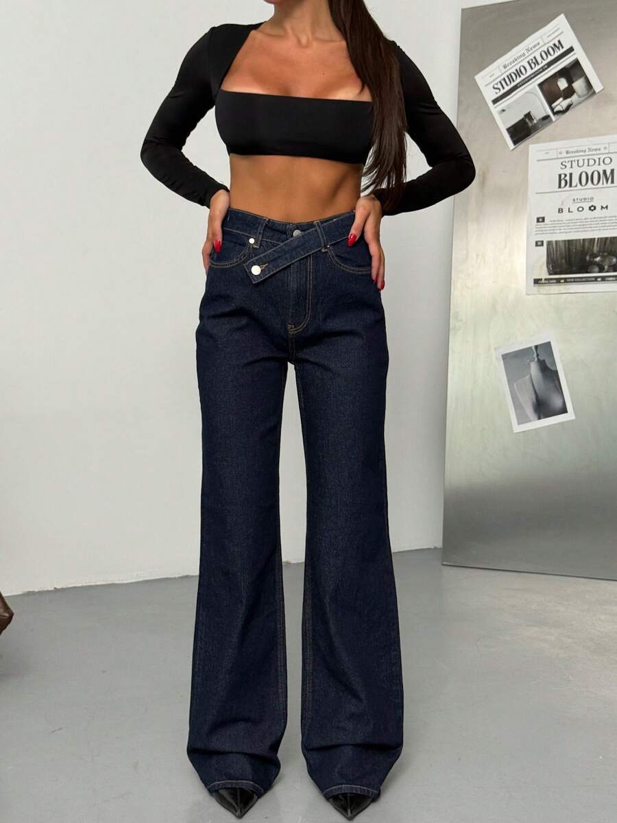 Dark Blue Denim Pants With Double Button Detail