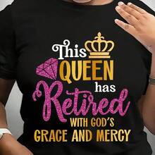 PAYEAH 1 Pcs 100% Cotton Retired Queen Graphic Tee - Comfortable Crew Neck, Short Sleeve, Casual Summer Top For Women - Funny Retirement Gift Idea, Relaxed Fit, Soft Fabric, Graphic Print T-Shirt  220g Heavy Cotton T Shirt100% Heavy Cotton Hoodie - 黑色 - 查看 1
