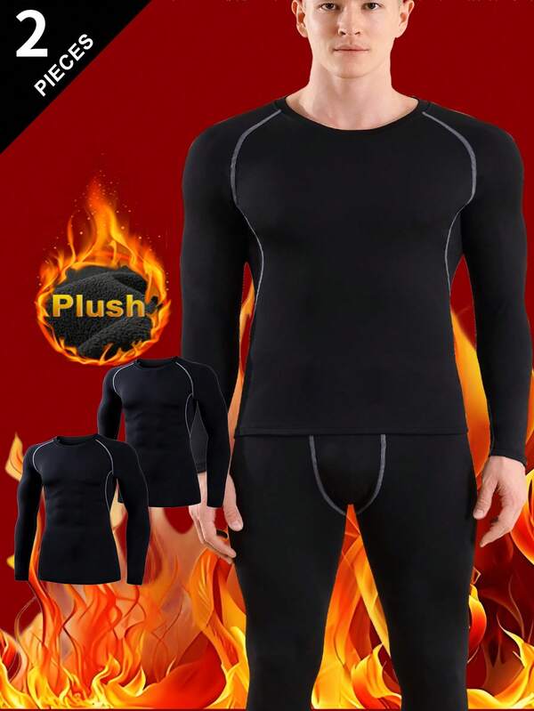 Men's Outdoor Thermal Underwear Set, Fleece Lined Thick Warm Base Layer Top And Bottom, Solid Color Long Sleeve Crew Neck Shirt And Pants, Suitable For Cold Weather Outdoor Activities Like Skiing In Autumn/Winter