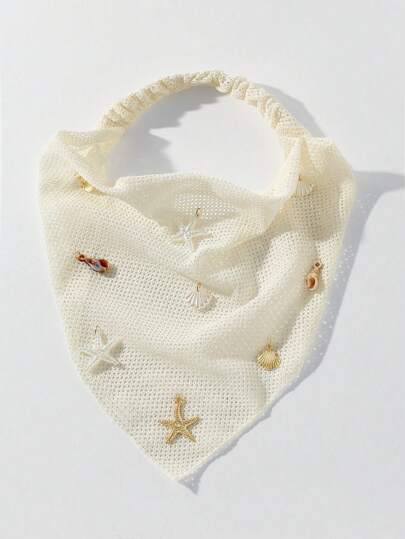 1 pieza Diadema hecha a mano con bordado, volantes, decoración de estrella de mar y concha, adecuada para uso diario y accesorios de cabello para vacaciones, accesorios de otoño, pañuelo de cabeza para mujer, banda deportiva, diadema de otoño, banda para el cabello para regalo, diadema deportiva de invierno