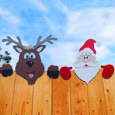 1pc, 2D Festive Christmas Fence Decoration, Santa Claus And Reindeer Wall Hangings - Perfect For Outdoor Garden Decorations, Freestanding Holiday Decor For Outdoor, Balcony, Patio, Universal Christmas Theme