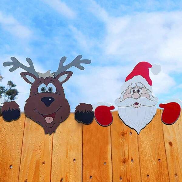 1pc, 2D Festive Christmas Fence Decoration, Santa Claus And Reindeer Wall Hangings - Perfect For Outdoor Garden Decorations, Freestanding Holiday Decor For Outdoor, Balcony, Patio, Universal Christmas Theme