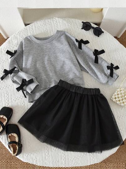 Young Girls Cute Bow Long Sleeves Sweatershirt-Like Top And Mesh Skirt Two Pieces Clothes Sets Fall And Spring Outfits