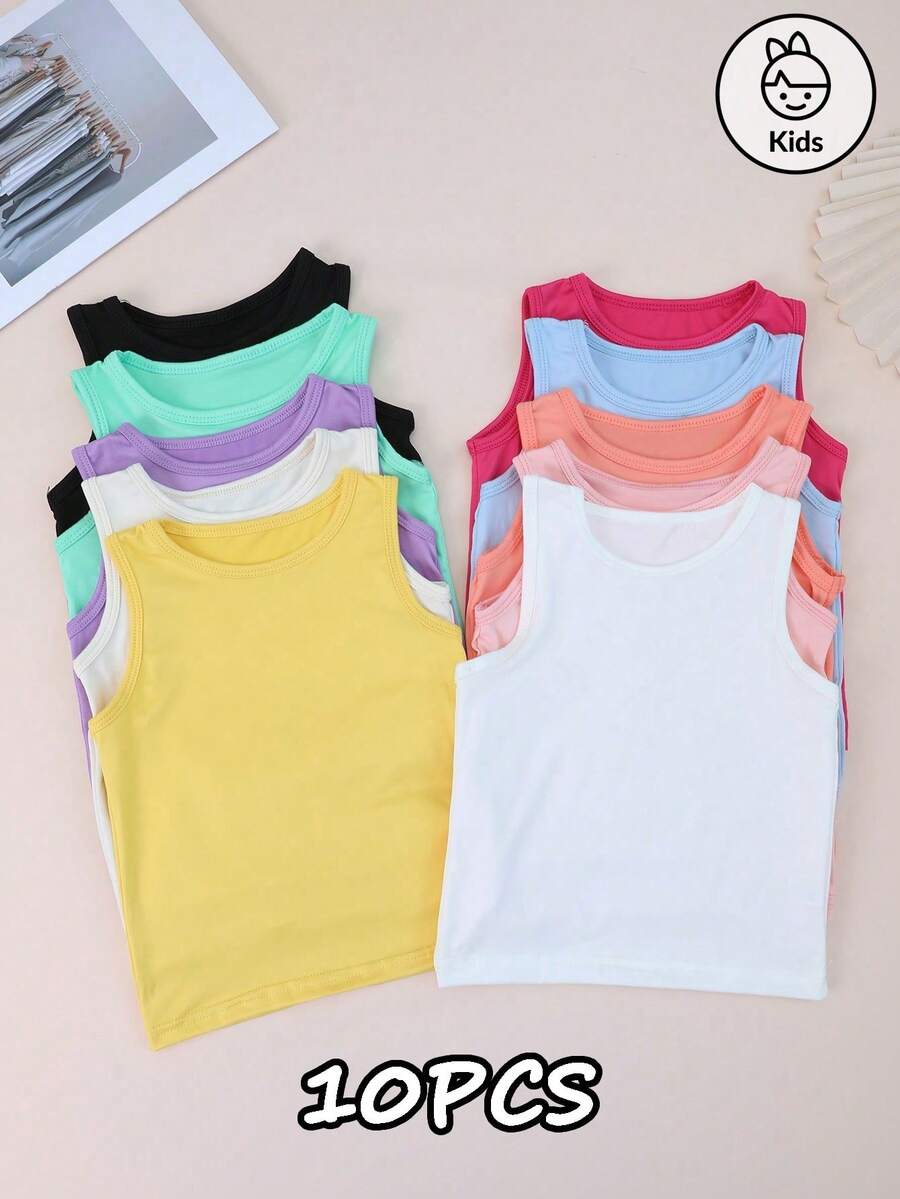 10pcs/Pack Young Girl' Solid Color Camisole Tank Top, Candy Color Minimalist Versatile Undershirt, Suitable For Girls In Spring/Summer - Multicolor - View 1