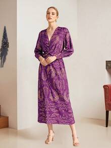 Floral Print V Neck Midi Dress For Women - Lightweight Chiffon With A-Line Silhouette  Elastic Waist - Elegant Summer Dress For Party, Date  Daily Wear - 紫色 - 查看 3