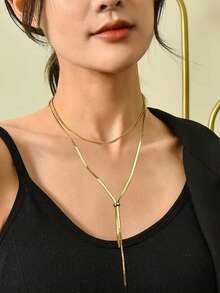 1pc Stainless Steel Minimalist Extendable Necklace, Long Snake Chain Necklace For Women, Elegant Sweater Chain For Autumn/Winter - Gold - View 2
