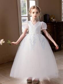 青少年女孩白色泡泡袖派对礼服，花童婚礼薄纱礼服 - 白色 - 查看 4