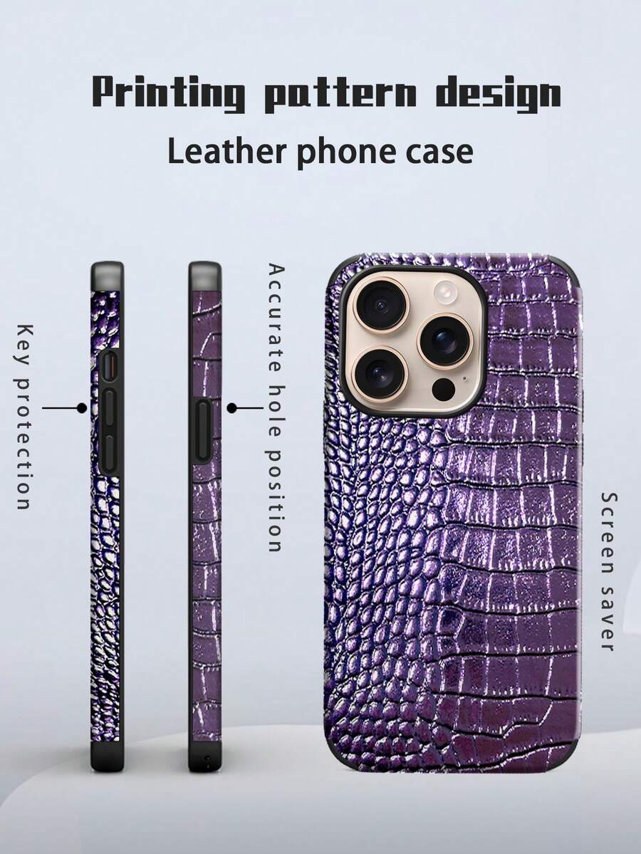 1 Peça Capa Protetora de Telefone com Textura de Couro de Crocodilo Preto, à Prova de Choque, com Design Giratório de Som, Compatível com iPhone - Roxo - Visão 1