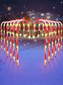 10-In-1 Solar Powered Christmas Candy Cane Lights - 5/8/10 Pcs Set, 8 Flashing Modes, Holiday Red & White Striped Design, Auto Charging Under Sunlight, Auto Lighting At Night, Warm White LED Outdoor Decor, Outdoor Holiday Decoration, Christmas Ground Stake Lights, Star-Shaped Design, Ideal For Holiday Gifts, Holiday Decor, Outdoor Lighting