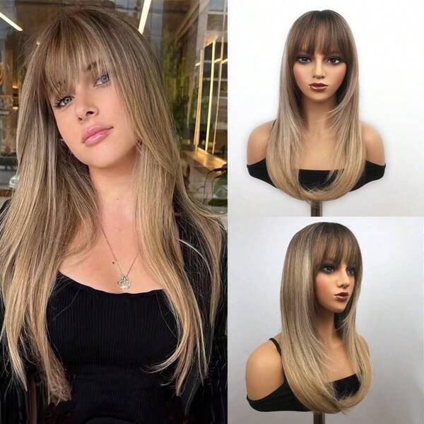 Peluca recta con flequillo de capas, mezcla de marrón y rubio, cabello sintético de longitud media recta para mujer, uso diario, fiesta y cosplay