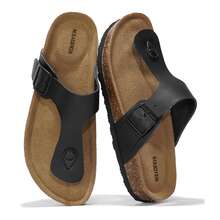 Womens Sandals Flops Slip On Cork Footbed Adjustable Metal Buckle - 黑色 - 查看 1