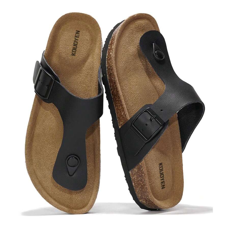 Womens Sandals Flops Slip On Cork Footbed Adjustable Metal Buckle - 黑色 - 查看 1