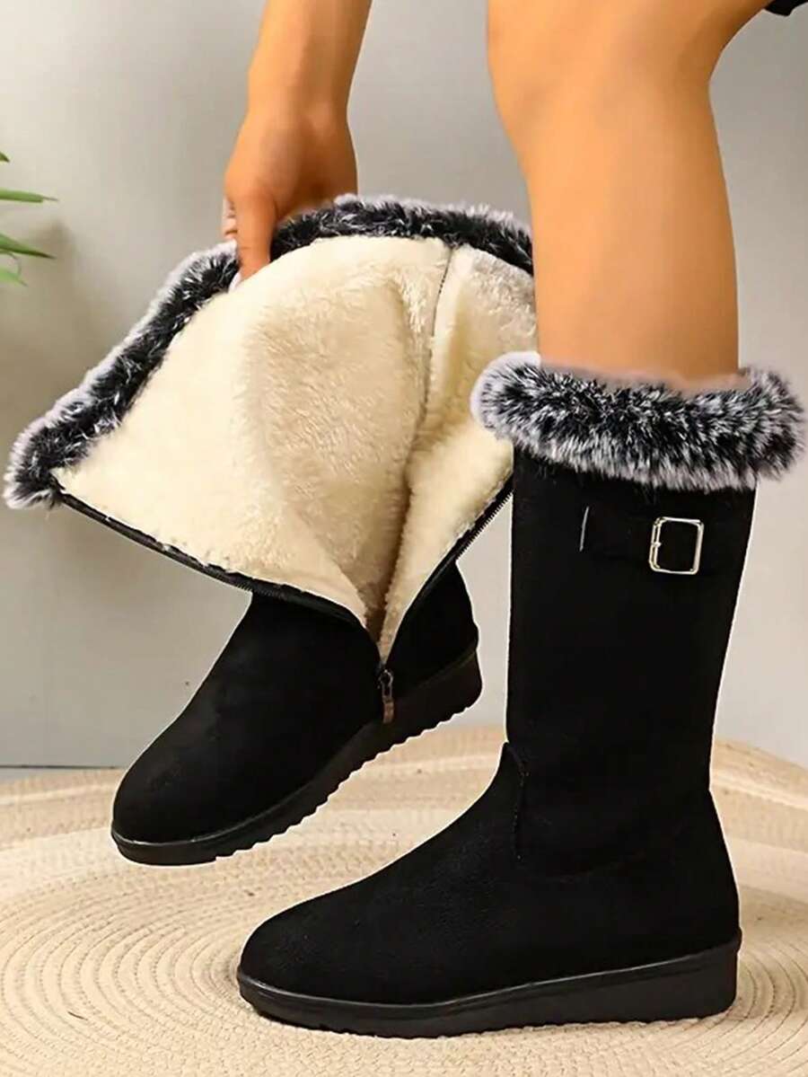 Women's Mid-Calf Snow Boots, Thick Thermal Lined, Wedge Heel, Warm & Soft Material, Side Zipper, Round Toe, Versatile Outdoor Boots (Shoe Mouth & Foot Length Run Small By 1 Size) - 黑色 - 查看 1
