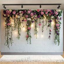 1 pieza de decoración de pared floral elegante en 2D plano, rosas brillantes y abundante vegetación sobre fondo de ladrillo blanco, de poliéster, sin necesidad de energía - para bodas, cumpleaños, Navidad y todas las celebraciones
