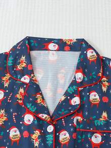 Women's Christmas Santa Claus Print Lapel Button Short Sleeve Top And Bow Shorts Pajama Set, Suitable For Christmas Home Use, Spring/Summer - Màu xanh lam - Xem 3