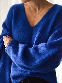 2025 New Slouchy Solid Color V-Neck Loose Knit Sweater For Women - Blue - View 2