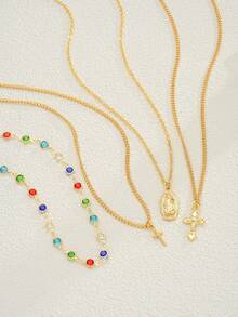 1/4pcs Vintage Metal Jesus Cross Pendant Y-Shaped Long Necklace, Boho Style Colorful Crystal Pendant Necklace Set, Suitable For Women Daily And Vacation Wear, Holiday Gift For Friends (Crystal Color Random)