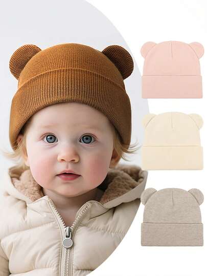 Baby Beanie Hats Toddler Cute Bear Knit Hat Kids Winter Warm Hat Newborn Baby Boys/Girls Knitted Cap For Outdoor Snowy Days Play Aged 0-3 Years