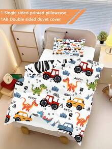 1/2PCS Dinosaurs And Engineering Vehicles Children's Duvet Set(Four Season Collection) Double-Faced Duvet Cover Set 76*102cm (1 Single-Sided Printed Pillowcase+1 Double-Sided Printed Duvet Cover,No Filling Material) For Baby Children'S Machine Washable Suitable For Newborn Beds Crib Giving Gifts During Holidays