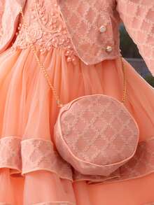 Girls' 2-Piece Dress Set With Bag | Sleeveless Layered Tulle Tutu & Floral Pearl Top | Formal Outfit For Special Occasions (4-9 Years)Coral - 珊瑚橙 - 查看 6