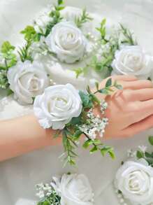 6pcs/1pc Romantic Rose & Baby's Breath Faux Green Plant Pearl Chain Wrist Flower, Suitable For Bride, Groom, Bridesmaids, Weddings, Engagements, Parties, Events