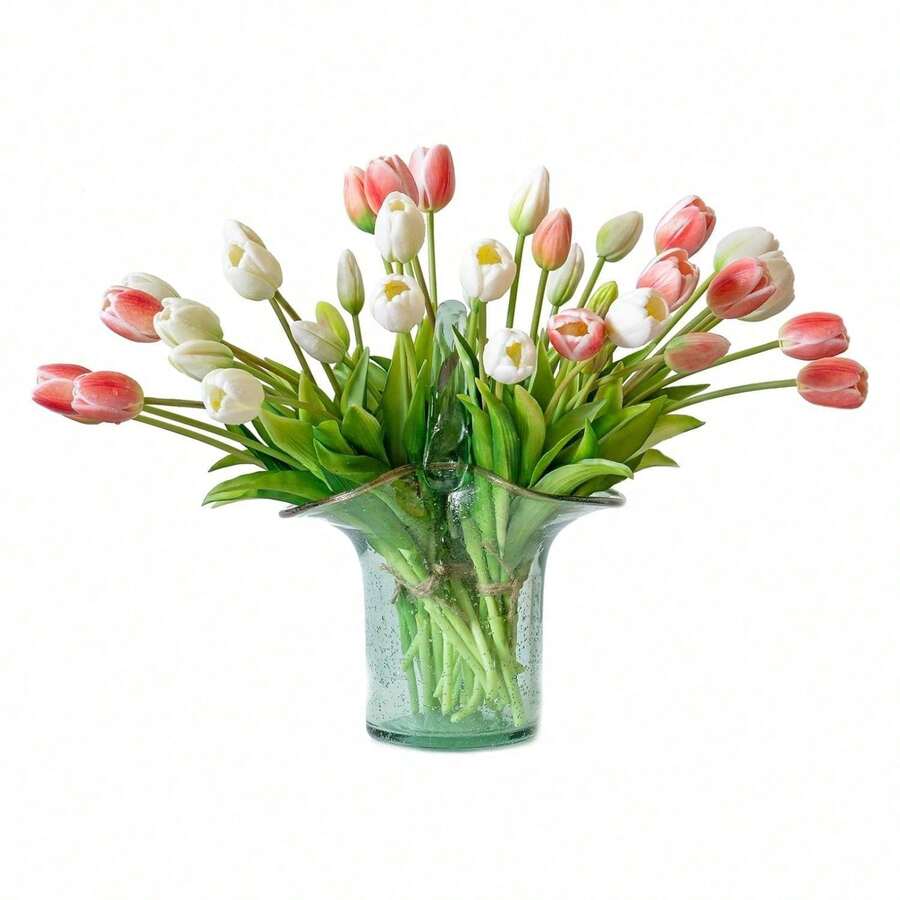 ZXCFTE 40pcs Artificial Tulips Flowers, Real Touch Latex Bouquet, Fake Tulips For Office Wedding Party Home Kitchen Garden Decoration-B Coral Pink Suit - 多色4 - 查看 1