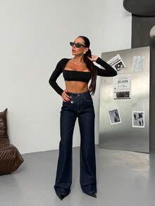 Dark Blue Denim Pants With Double Button Detail - Navy Blue - View 7