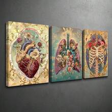 Ensemble de 3 toiles murales Steampunk Anatomy - Cadre en bois de pin enveloppé - Style classique moderne Art Déco - Décoration intérieure/extérieure, bureau, salle de bain, salon - Peinture de fleurs botaniques à l'encre, cœur, poumons, côtes - Orientation portrait pour décoration murale
