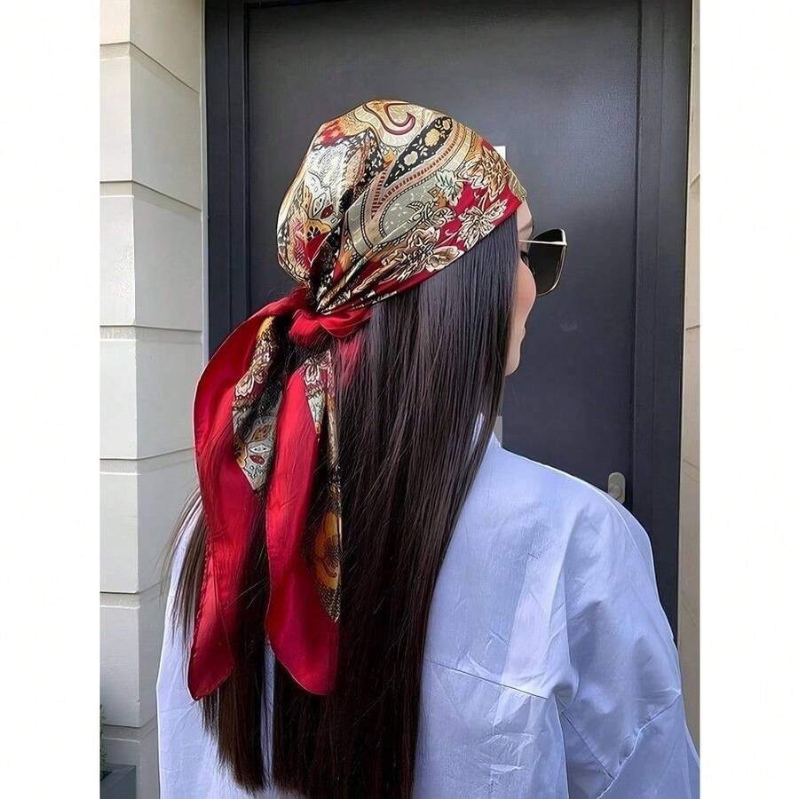 1pc Women Bandana Fashionable Boho Paisley Print Satin Scarf, Elegant Lightweight Headscarf Accessory For Everyday Casual Wear, UV Protection Shawl - Red - View 1