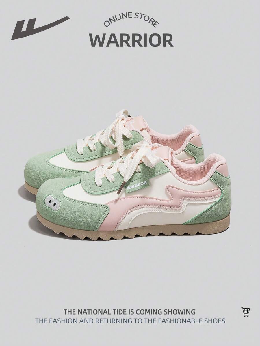 WARRIOR 1 đôi giày thể thao nữ thoáng khí, giày sneaker da tối giản cổ thấp đa năng để mang hàng ngày. - Màu be/Xanh lá/Hồng - Xem 1
