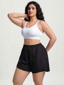1pc Plus Size Women's Shorts, 2-In-1 Solid Color Lining 2 In 1 Sports Pants, Elastic Waist Two Pieces Set, Suitable For Running, Sports, Yoga, Fitness In Summer Black - Black - View 6