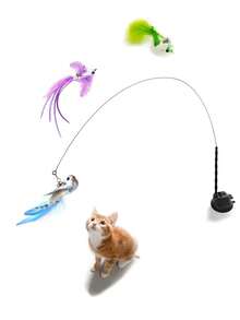 Cat Toy Interactive Teaser Wand With Feathers & Bells, Replacement Chaser Toy For Pet Cats Exercise & Entertainment, Suction Cup Handle Wand With Artificial Fiber Feathers, Cat Supplies - Green - View 16