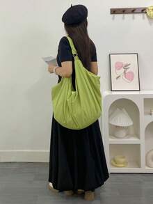 大容量可折叠纯色单肩包，返校简约风格女士斜挎包，拉链封口尼龙布包，休闲百搭手提包，适合工作、学习、旅行 - 薄荷綠 - 查看 10