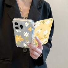 Étui de téléphone portable à rabat personnalisé avec fleurs blanches créatives sur fond jaune, convient pour iPhone 16 Pro Max 15 14 Plus 13 12 11. Cadeau de Noël, Nouvel An, Pâques, Halloween, pour la famille et les amis