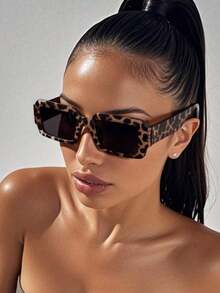 1 Pair Leopard Print Rectangular Bohemian Style Fashion Glasses, Suitable Street, Travel, Fishing, Sports Style, Holiday Outfit, Beach, Driving, Vacation, Outdoor Activity, Party Summer Beach Vacation,Outdoor,Travel Preppy Style Back To School - 彩色 - 查看 5