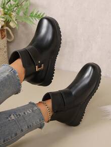 Damskie botki do kostki – ciepła podszewka, antypoślizgowa podeszwa, zapięcie na suwak z boku, okrągły nosek, płaski obcas, czarna syntetyczna warstwa zewnętrzna, krótkie botki, odpowiednie dla osób w średnim i starszym wieku, obuwie zimowe | Botki z okrągłym noskiem | Materiałowa podszewka wewnątrz