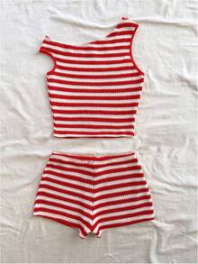 Wom's 2 Piece Striped Outfits Off Shoulder Crop Tops And Shorts Set - 藍白色 - 查看 6