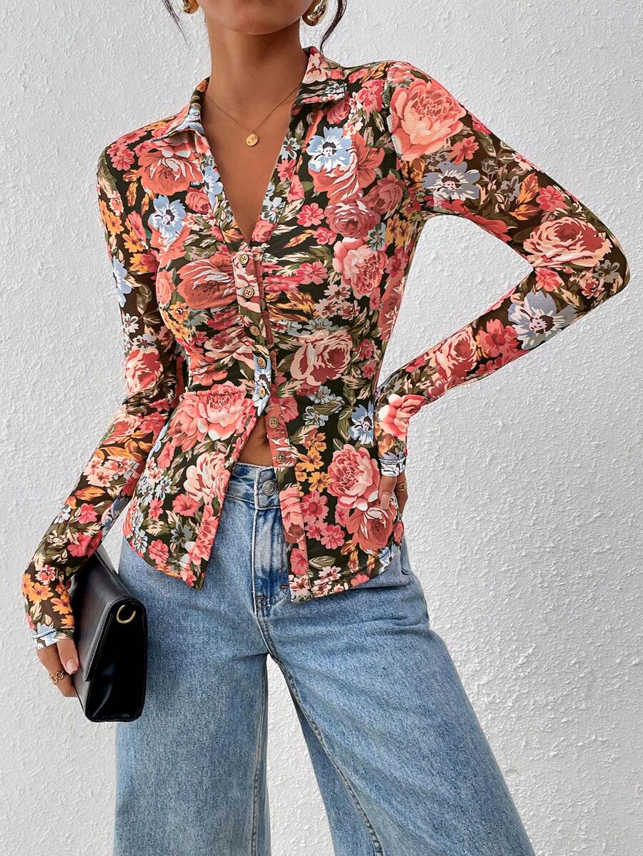 Women Button Down Floral Shirts Fall Long Sleeve V Neck Ruched Fitted Mesh Blouse Tops Date Outfits Valentine's Day Vacation Fall Clothes For Women - Black Background Flower - View 1