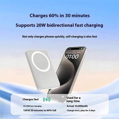 Ultra-Slim 5000mAh Magnetic Power Bank With 20W PD | Built-In Type-C Cable + Lightning Input | MagSafe-Compatible Wireless Charger For IPhone 12â16
