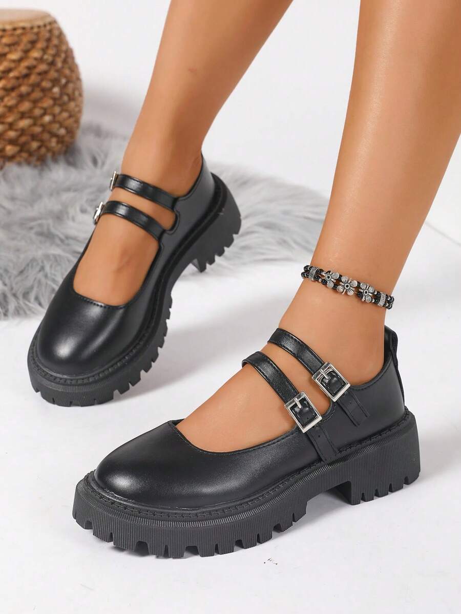 1 Paar Damen Schwarze Lederschuhe, modische vielseitige Ballerinas mit Doppelschnalle, weiche rutschfeste Sohle, passend zu Kleidern