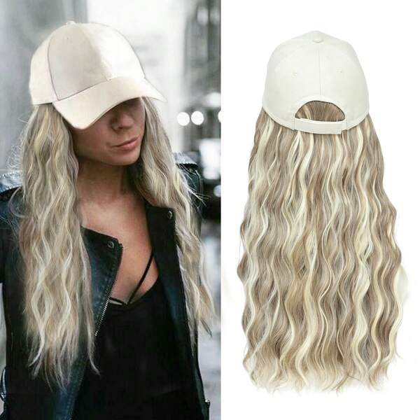 Gorra de béisbol con peluca sintética de cabello natural ondulado adjunto para mujer, mezcla de rubio, blanco, rizado y ondulado, estilo de peinado ajustable, gorra beige con peluca