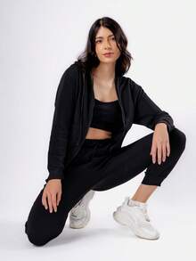 Conjunto de 2 piezas, sudaderas casuales con capucha de manga larga y pantalones de chándal a juego para primavera y otoño - Negro - Ver 2
