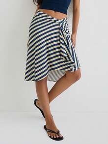 Women Summer Midi Skirts Casual Elegant Solid/Stripe/Plaid Print A-Line Skirt For Beach Vacation Streetwear - 藍色 - 查看 4