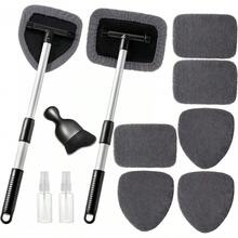 11pcs Auto Windshield Cleaning Kit With 6 Reusable Microfiber Pads, 2 Spray Bottles, Extendable Handles - Green, Popular Auto Cleaning Essential - 灰色的 - 查看 12