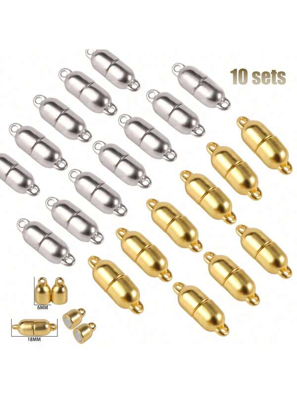 10 conjuntos 18x6mm Fecho Magnético de Aço Inoxidável nas Cores Dourado e Prata, Formato de Pílula, Conector de Extremidade, Adequado para Fabricação de Joias e Acessórios DIY