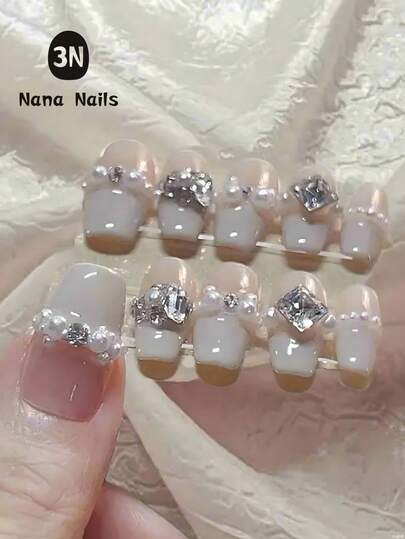 10 Pcs Handmade Medium Cofin Press On Nails, Valentines Nails , Romantic Nail Art, Balerina DIY Fake Nails French Tip Nails White Nails ,Nail Art Nail Supplies Rhinestones And Pearls, Glossy False Nails For Women And Girls